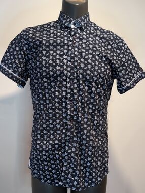 Au Noir Navy Blue Palm  Tree Print Button-Up Shirt